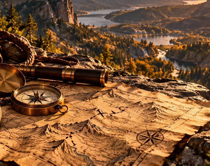 An antique map, brass compass and spyglass resting on a rock above a mountain valley at sunset