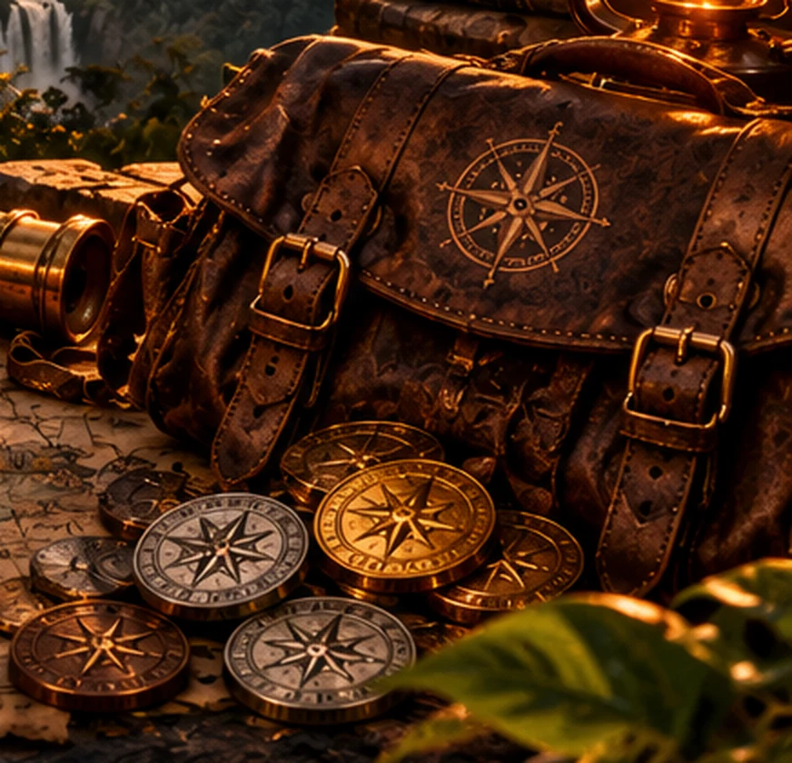 A weathered dark brown leather satchel with a compass emblem, beside bronze, silver and gold coins
