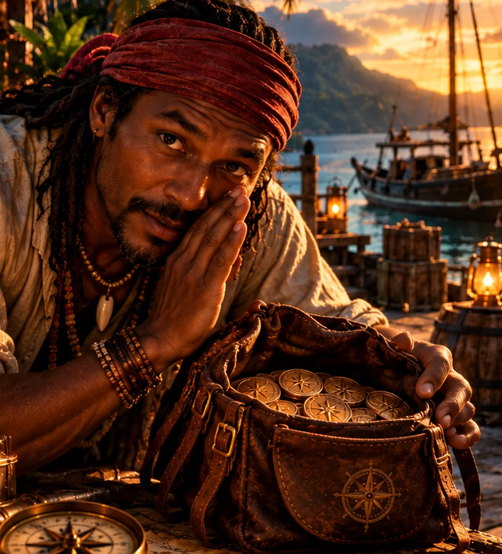A local island guide whispering over a leather satchel of bronze coins at a harbor at sunset